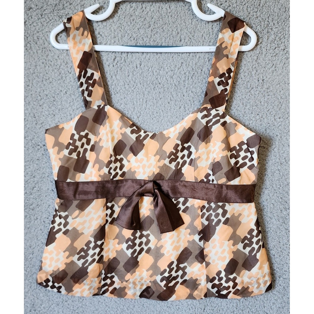 Y2K Metrostyle Tank Top Blouse Womens 14 Brown Abstract Print Empire Waist Bow